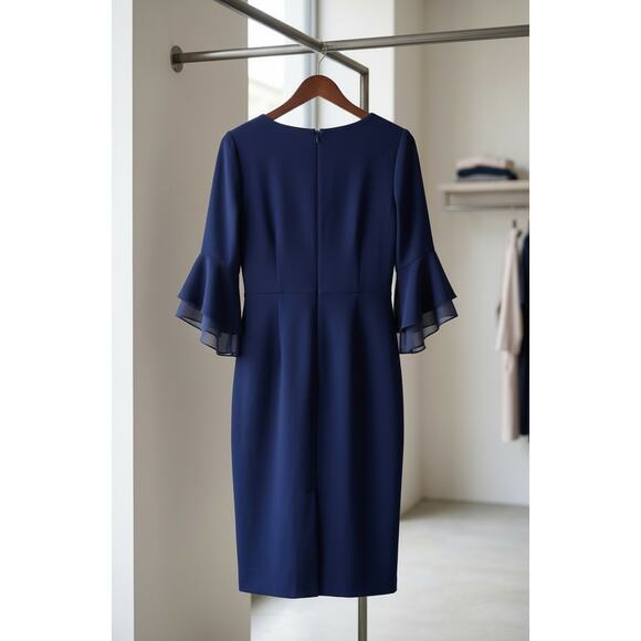 Three Quarter Bell Sleeve Sheath Midi Dress In Navy Sateen 16 NWT - Picture 2 of 4
